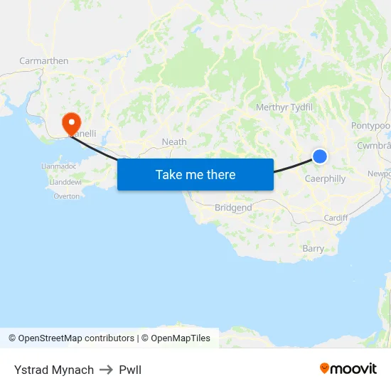 Ystrad Mynach to Pwll map