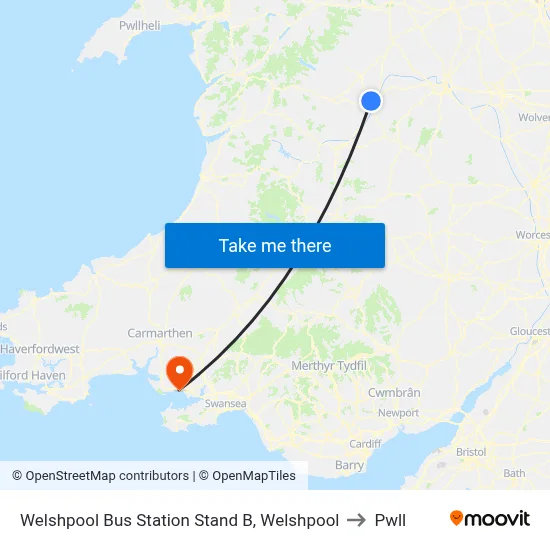 Welshpool Bus Station Stand B, Welshpool to Pwll map