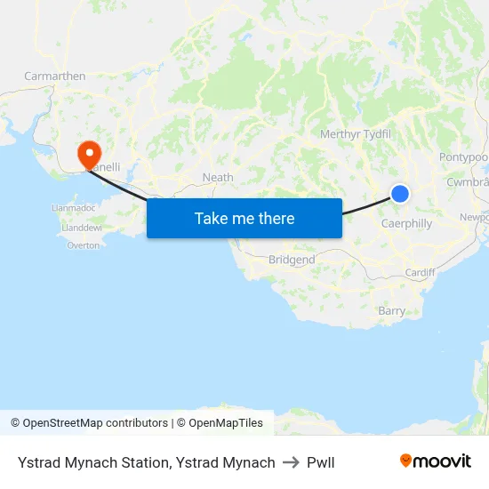 Ystrad Mynach Station, Ystrad Mynach to Pwll map
