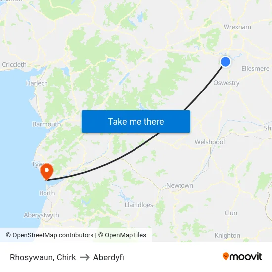 Rhosywaun, Chirk to Aberdyfi map