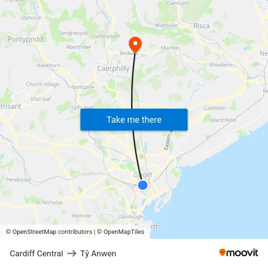 Cardiff Central to Tŷ Anwen map