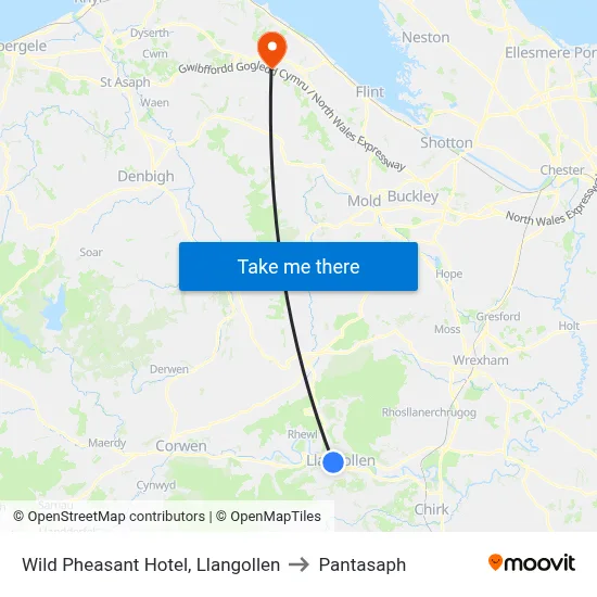 Wild Pheasant Hotel, Llangollen to Pantasaph map