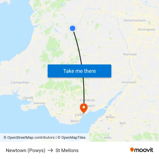 Newtown (Powys) to St Mellons map