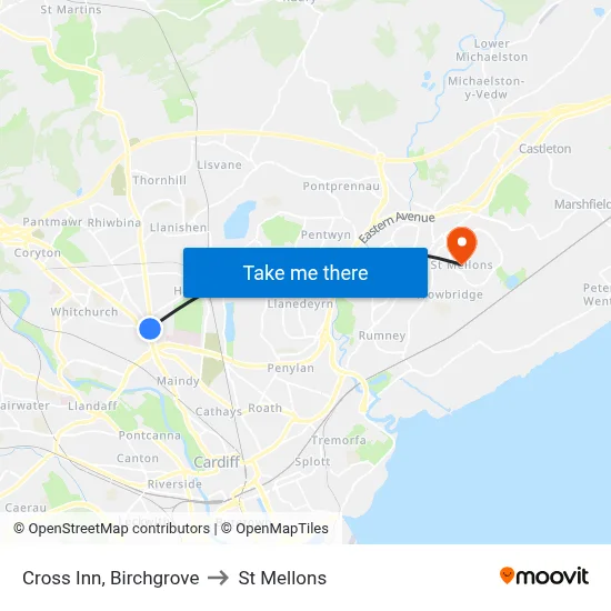 Cross Inn, Birchgrove to St Mellons map
