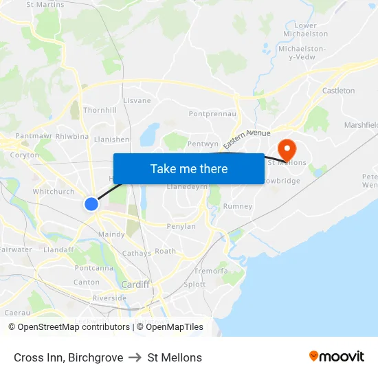 Cross Inn, Birchgrove to St Mellons map