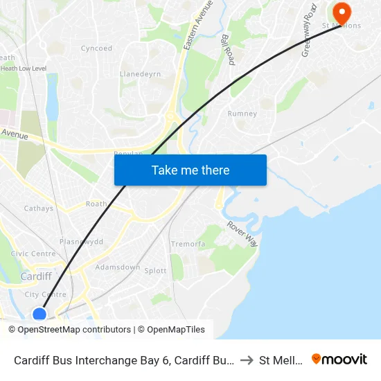 Cardiff Bus Interchange Bay 6, Cardiff Bus Station to St Mellons map