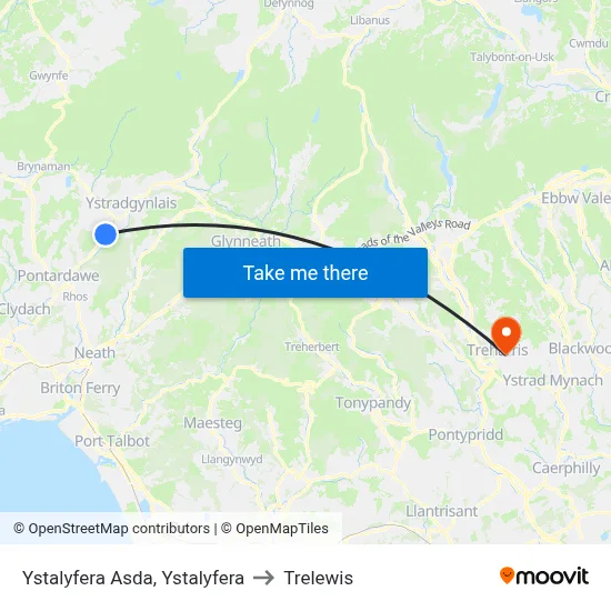 Ystalyfera Asda, Ystalyfera to Trelewis map
