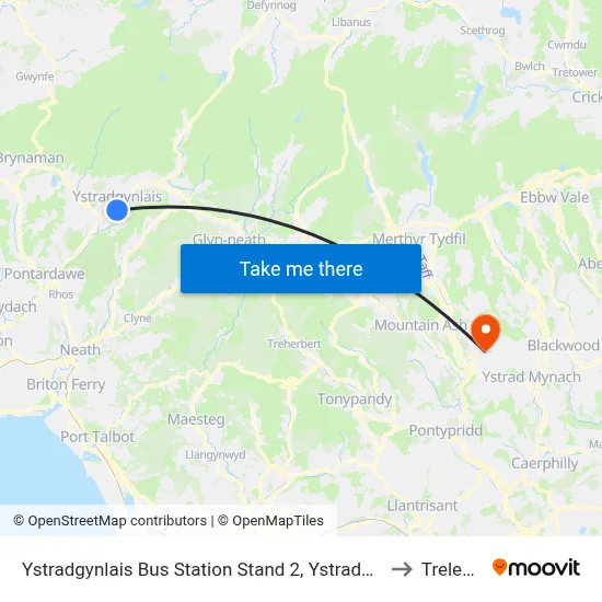Ystradgynlais Bus Station Stand 2, Ystradgynlais to Trelewis map