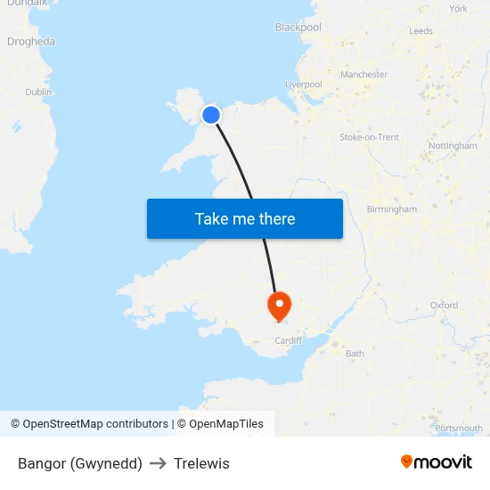 Bangor (Gwynedd) to Trelewis map