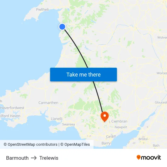 Barmouth to Trelewis map