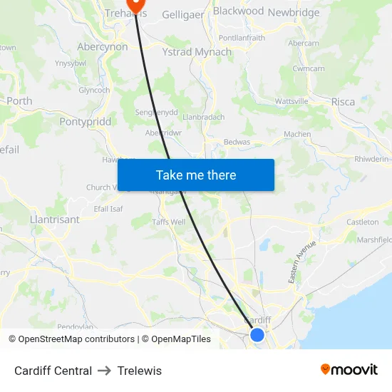 Cardiff Central to Trelewis map