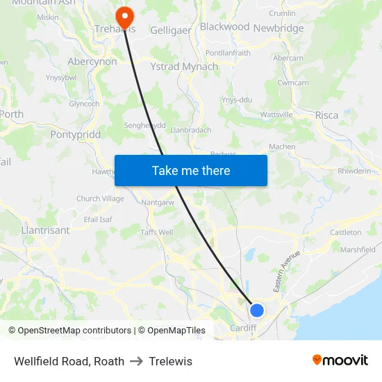 Wellfield Road, Roath to Trelewis map