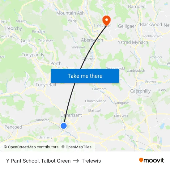 Y Pant School, Talbot Green to Trelewis map