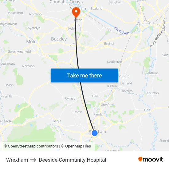 Wrexham to Deeside Community Hospital map