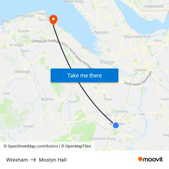 Wrexham to Mostyn Hall map