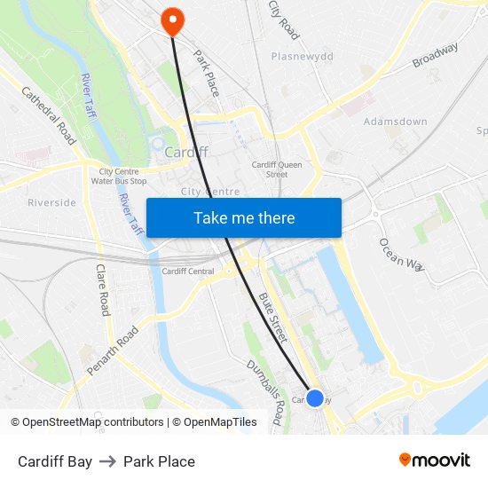 Cardiff Bay to Park Place map