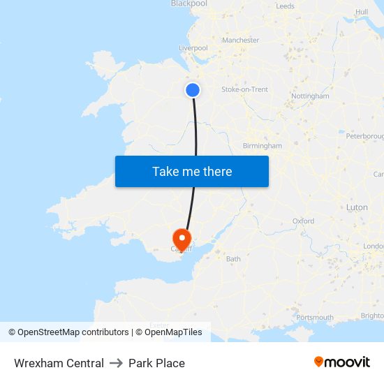 Wrexham Central to Park Place map