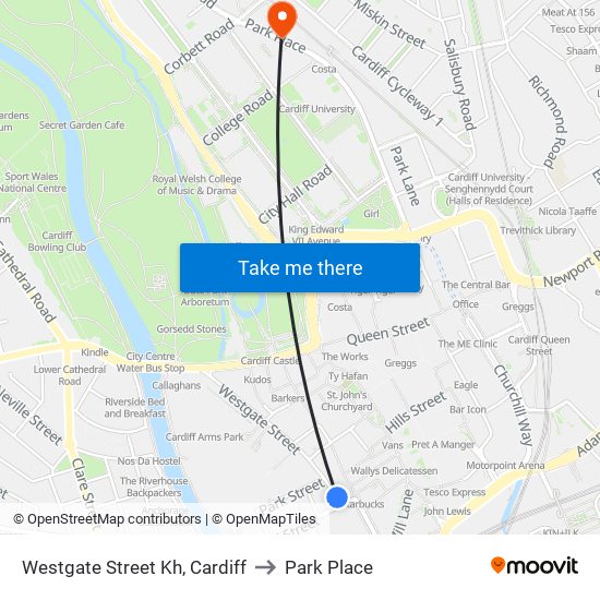 Westgate Street Kh, Cardiff to Park Place map