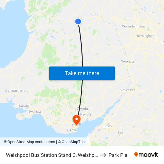 Welshpool Bus Station Stand C, Welshpool to Park Place map