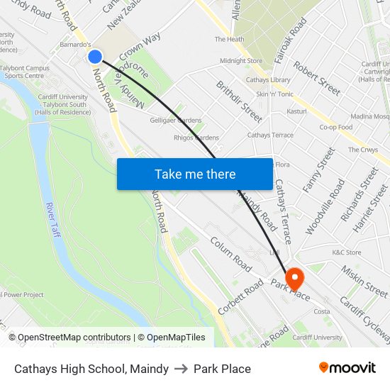 Cathays High School, Maindy to Park Place map