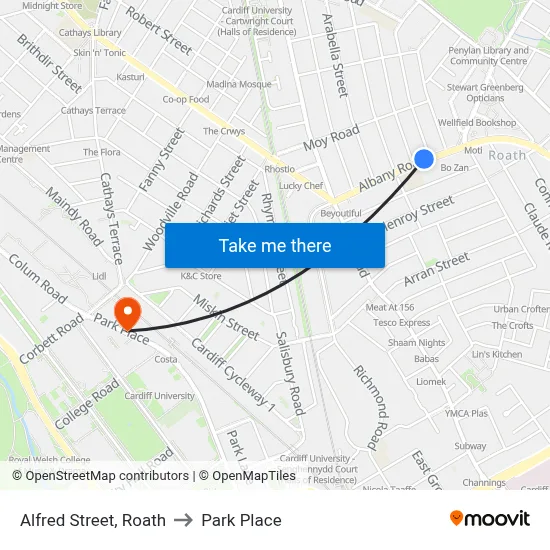 Alfred Street, Roath to Park Place map
