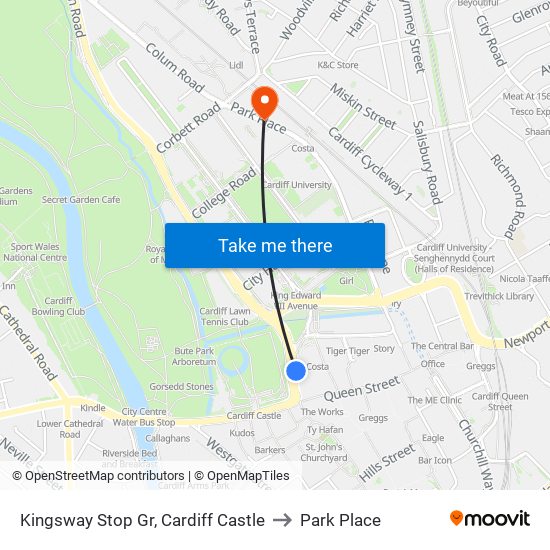 Kingsway Stop Gr, Cardiff Castle to Park Place map