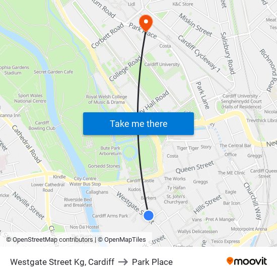 Westgate Street Kg, Cardiff to Park Place map