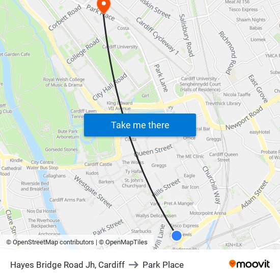 Hayes Bridge Road Jh, Cardiff to Park Place map