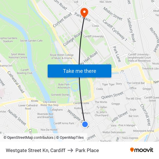 Westgate Street Kn, Cardiff to Park Place map