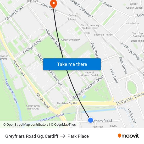 Greyfriars Road Gg, Cardiff to Park Place map