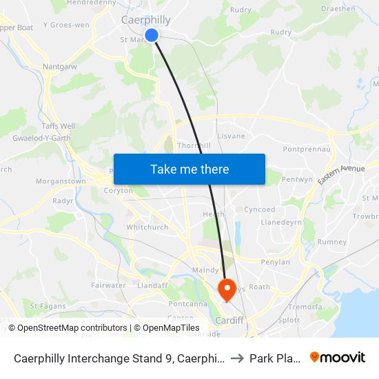 Caerphilly Interchange Stand 9, Caerphilly to Park Place map