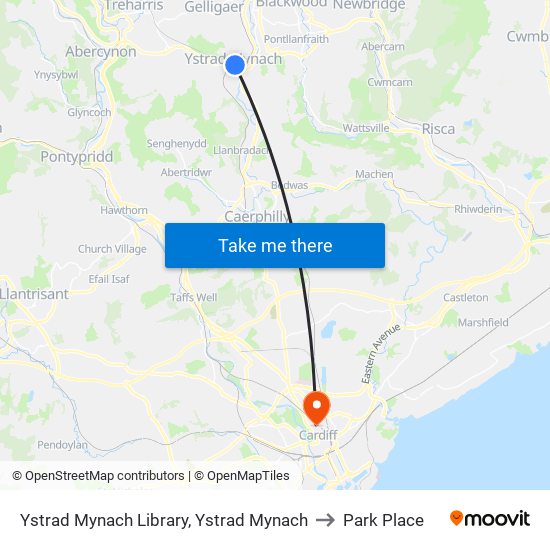 Ystrad Mynach Library, Ystrad Mynach to Park Place map