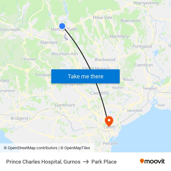 Prince Charles Hospital, Gurnos to Park Place map