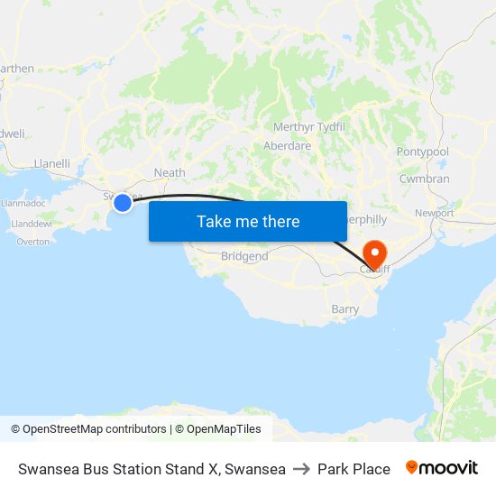 Swansea Bus Station Stand X, Swansea to Park Place map