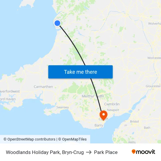 Woodlands Holiday Park, Bryn-Crug to Park Place map