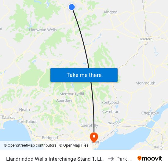 Llandrindod Wells Interchange Stand 1, Llandrindod Wells to Park Place map