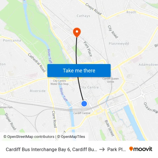 Cardiff Bus Interchange Bay 6, Cardiff Bus Station to Park Place map