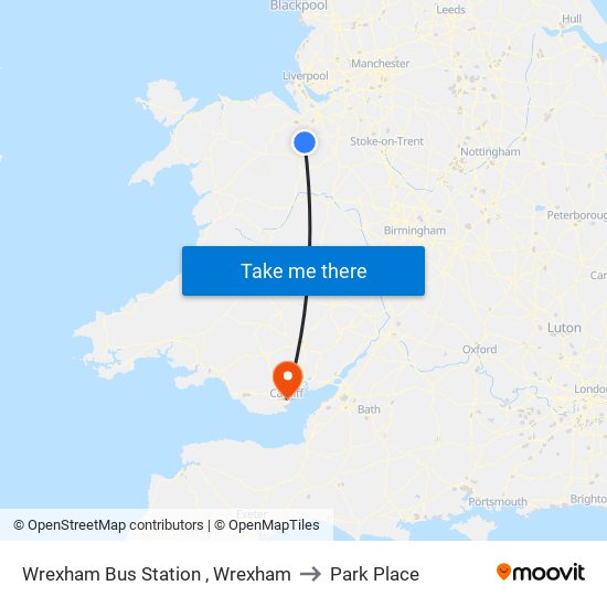 Wrexham Bus Station , Wrexham to Park Place map