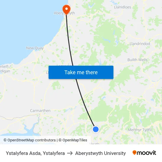 Ystalyfera Asda, Ystalyfera to Aberystwyth University map
