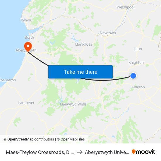 Maes-Treylow Crossroads, Discoed to Aberystwyth University map