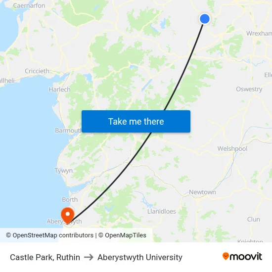 Castle Park, Ruthin to Aberystwyth University map
