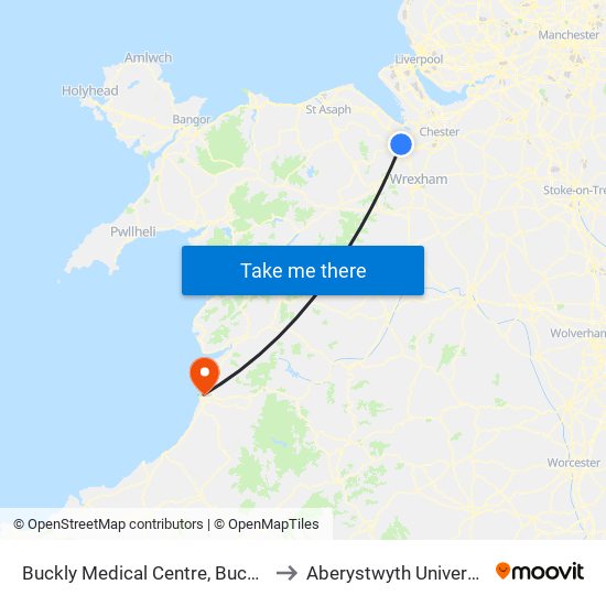 Buckly Medical Centre, Buckley to Aberystwyth University map