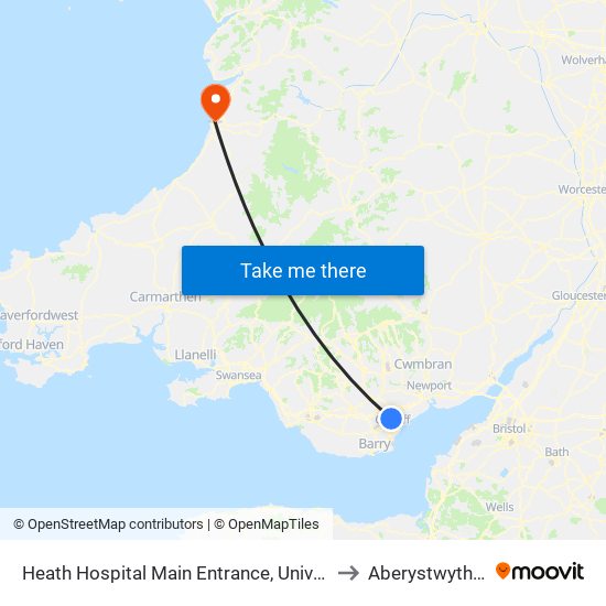 Heath Hospital Main Entrance, University Hospital Of Wales to Aberystwyth University map