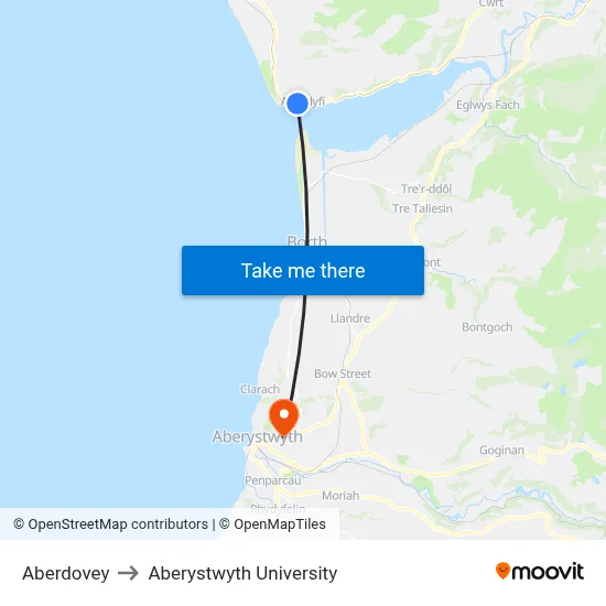 Aberdovey to Aberystwyth University map