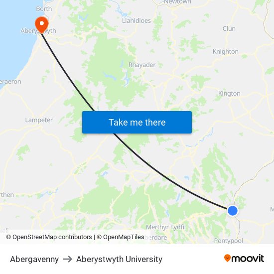 Abergavenny to Aberystwyth University map