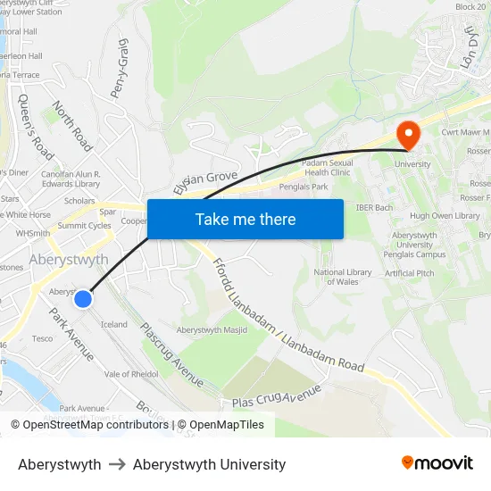 Aberystwyth to Aberystwyth University map