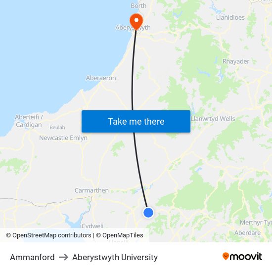 Ammanford to Aberystwyth University map