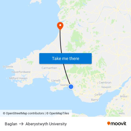 Baglan to Aberystwyth University map