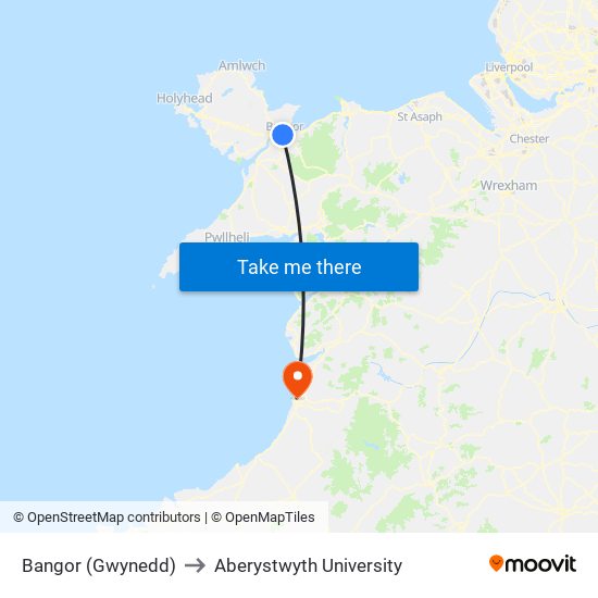 Bangor (Gwynedd) to Aberystwyth University map