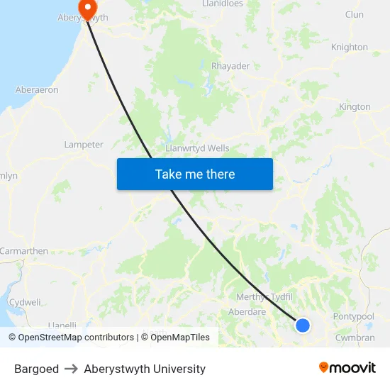Bargoed to Aberystwyth University map